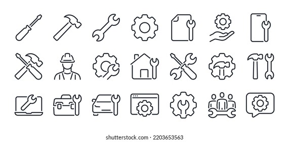 Repair concept editable stroke outline icons set isolated on white background flat vector illustration. Pixel perfect. 64 x 64.