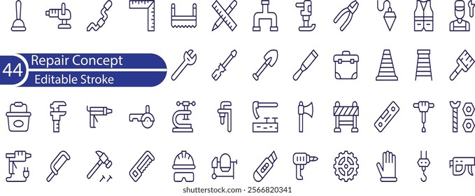 Repair concept editable stroke outline icons set isolated on white background flat vector illustration. Pixel perfect