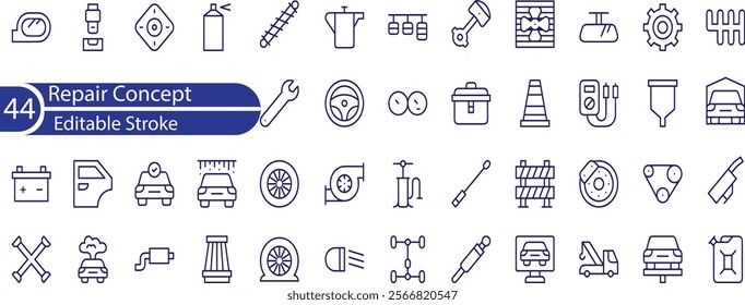 Repair concept editable stroke outline icons set isolated on white background flat vector illustration.