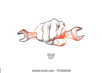 Repair concept. Hand drawn hand with wrench. Repair service isolated vector illustration.