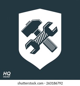 Repair conceptual vector icon, heraldic workshop and technical service symbol. Hammer and wrench crossed design graphic element. Vector grayscale defense shield. 