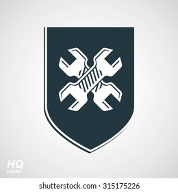 Repair conceptual vector icon, heraldic workshop and technical service symbol. Two wrenches crossed design graphic element. Vector grayscale defense shield.