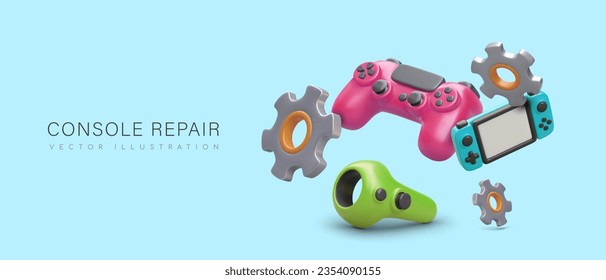 Reparación de consolas. Restauración de controladores, gamepads, joysticks. Mantenimiento de equipos de juegos. El concepto de centro de servicios. Ilustración realista, lugar de texto