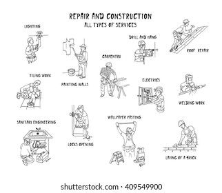 Repair & construction. All types of services. Silhouettes of men at work. Doodle set. Vector. Isolated.
