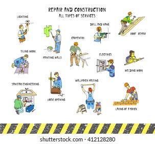 Repair & construction. All types of services. Silhouettes of men at work. Doodle set. Vector. Isolated.