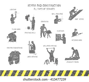 Repair & construction. All types of services. Silhouettes of men at work. Doodle set. Vector. Isolated.