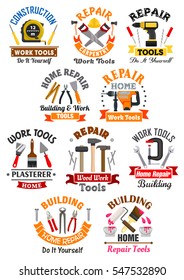 Repair, construction, building, carpentry tools icons. measure tape and screwdriver, safety helmet and ax, drill and pliers, paint brush and plaster trowel, hammer, vise, spanner. Vector badges