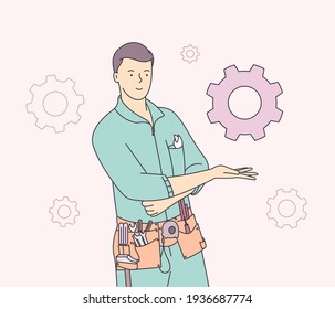 Repair, construction, building and maintenance concept. Siling male builder or manual worker hold gear wheel. Flat vector illustration