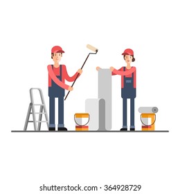 Repair construction company, service. Young woman and man worker in uniform. House repair. To glue wallpapers. Painting walls. Vector illustration.