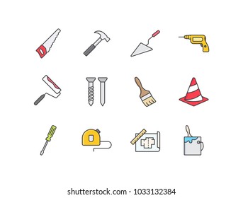 Repair and construction flat line colored icons set with saw, hammer, trowel, electric drill, roller brush, nail, paintbrush, screwdriver, draft paper, paint bucket.