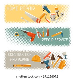 Repair and construction horizontal banners with tools icons.