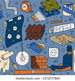Repair and construction of the house. Vector simple pattern with tools for home renovation. Vector hand drawn illustration.
