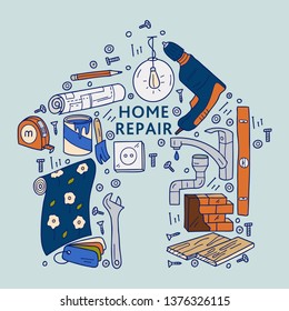 Repair and construction of the house. Vector template with repair tools in the shape of a house. Vector hand drawn illustration.