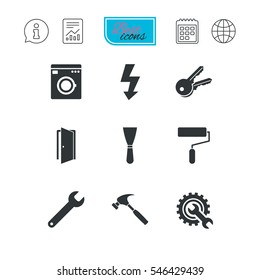 Repair, construction icons. Electricity, keys and hammer signs. Door, washing machine and service symbols. Report document, calendar and information web icons. Vector