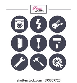 Repair, construction icons. Electricity, keys and hammer signs. Door, washing machine and service symbols. Classic simple flat icons. Vector