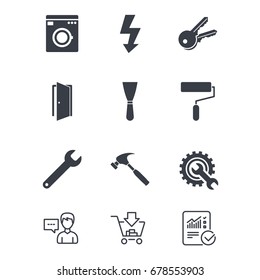 Repair, construction icons. Electricity, keys and hammer signs. Door, washing machine and service symbols. Customer service, Shopping cart and Report line signs. Online shopping and Statistics. Vector