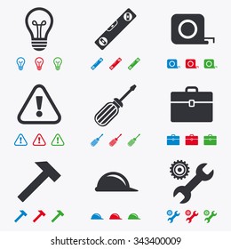 Repair, construction icons. Engineering, helmet and screwdriver signs. Lamp, electricity and attention symbols. Flat black, red, blue and green icons.