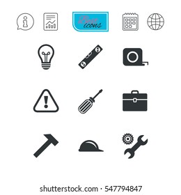 Repair, construction icons. Engineering, helmet and screwdriver signs. Lamp, electricity and attention symbols. Report document, calendar and information web icons. Vector