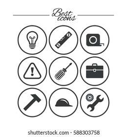 Repair, construction icons. Engineering, helmet and screwdriver signs. Lamp, electricity and attention symbols. Classic simple flat icons. Vector