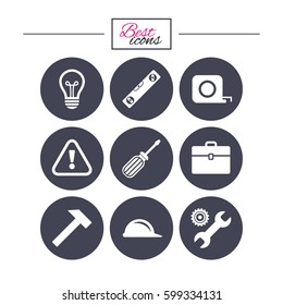 Repair, construction icons. Engineering, helmet and screwdriver signs. Lamp, electricity and attention symbols. Classic simple flat icons. Vector