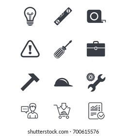 Repair, construction icons. Engineering, helmet and screwdriver signs. Lamp, electricity and attention symbols. Customer service, Shopping cart and Report line signs. Online shopping and Statistics