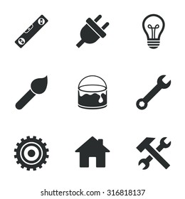 Repair, construction icons. Hammer, wrench tool and cogwheel signs. Electric plug, lamp and house symbols. Flat icons on white. Vector