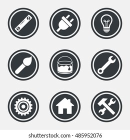 Repair, construction icons. Hammer, wrench tool and cogwheel signs. Electric plug, lamp and house symbols. Circle flat buttons with icons and border. Vector