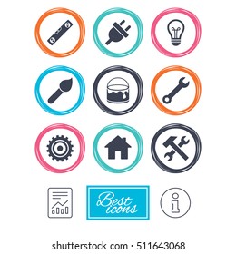 Repair, construction icons. Hammer, wrench tool and cogwheel signs. Electric plug, lamp and house symbols. Report document, information icons. Vector