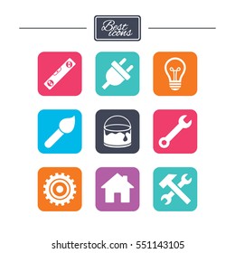 Repair, construction icons. Hammer, wrench tool and cogwheel signs. Electric plug, lamp and house symbols. Colorful flat square buttons with icons. Vector