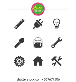 Repair, construction icons. Hammer, wrench tool and cogwheel signs. Electric plug, lamp and house symbols. Classic simple flat icons. Vector