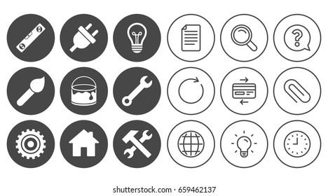 Repair, construction icons. Hammer, wrench tool and cogwheel signs. Electric plug, lamp and house symbols. Document, Globe and Clock line signs. Lamp, Magnifier and Paper clip icons. Vector
