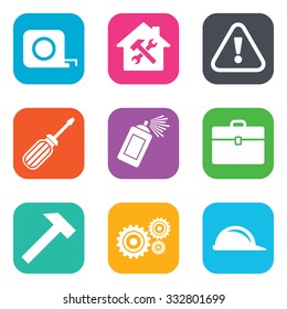 Repair, construction icons. Helmet, screwdriver and hammer signs. Gears, painting spray and attention symbols. Flat square buttons. Vector
