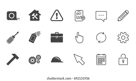 Repair, construction icons. Helmet, screwdriver and hammer signs. Gears, painting spray and attention symbols. Chat, Report and Calendar line signs. Service, Pencil and Locker icons. Vector