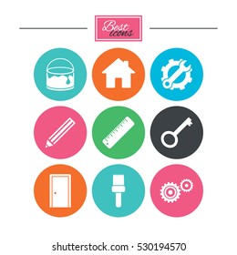 Repair, construction icons. Service, key and door signs. Painting, brush and pencil symbols. Colorful flat buttons with icons. Vector