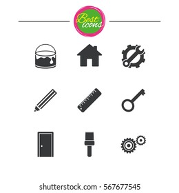 Repair, construction icons. Service, key and door signs. Painting, brush and pencil symbols. Classic simple flat icons. Vector