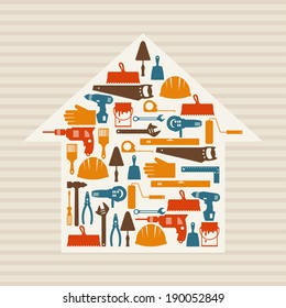 Repair and construction illustration with working tools icons.