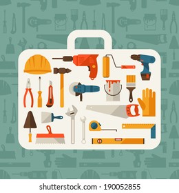 Repair and construction illustration with working tools icons.