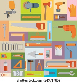 Repair and construction illustration with working tools icons.