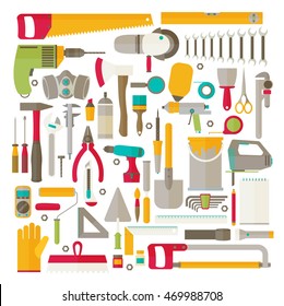 Repair and construction illustration with working tools icons.