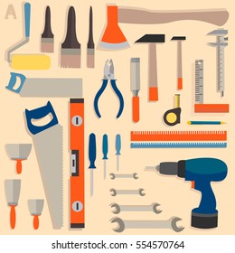Repair and construction illustration with working tools icons. Set 