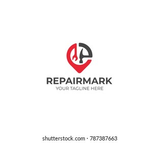 Repair And Construction Placemark Logo Template. Wrench And Hammer Vector Design. Work Tools And Pinpoint Illustration