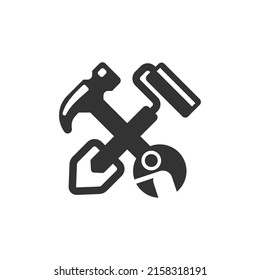 Repair and construction simple icon. Vector builder master logo template with hammer, wrench, roller and shovel.