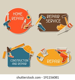Repair and construction stickers set with working tools.