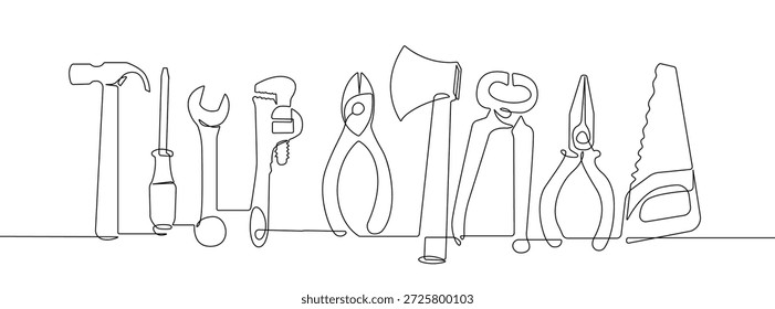 Ferramentas de reparação e construção Desenho contínuo de uma linha. Ferramentas Ilustração de Arte de Linha de Símbolo. Design de moda minimalista perfeito para Wall Art, impressões, mídias sociais, cartazes, convites, branding. Não é IA