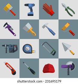 Repair and construction tools flat icons set with hammer saw screwdriver isolated vector illustration