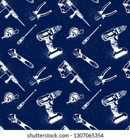 Repair and construction tools seamles pattern. Illustration of toolbox for renovation. Tools like hammer, axe, ruler, hatchet, screwdriver and wrench for home repair.