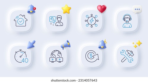 Repair, Consultant and Power line icons. Buttons with 3d bell, chat speech, cursor. Pack of Repairman, House security, Dollar exchange icon. Video conference, Timer pictogram. Vector