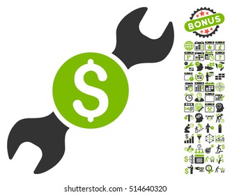 Repair Cost icon with bonus calendar and time management design elements. Vector illustration style is flat iconic bicolor symbols, eco green and gray colors, white background.