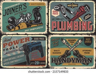 Repair and craft tools colorful horizontal vintage posters set with inscriptions, wood plane, power drill with long bit, crossed screwdrivers, joints pliers and pipe wrench, vector illustration