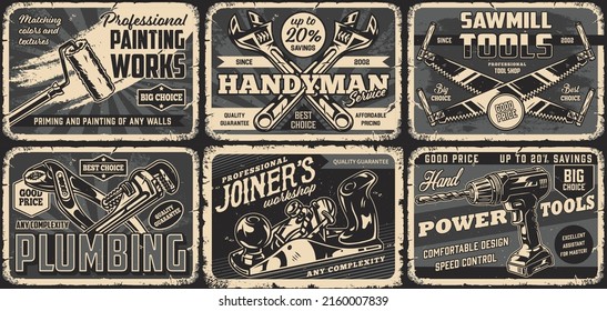 Repair and craft tools monochrome vintage posters set with inscriptions, paint roller, crossed adjustable wrenches, two-man saws, joint pliers and pipe wrench, wood plane, cordless drill, vector